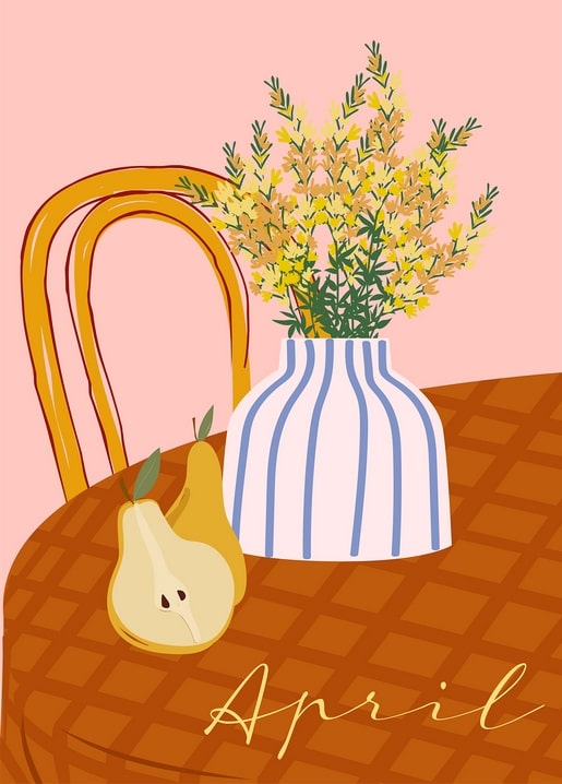 Stillleben mit Birnen und einer gestreiften Vase gelber Wildblumen auf gewebtem Stoff, beschriftet mit „April“.