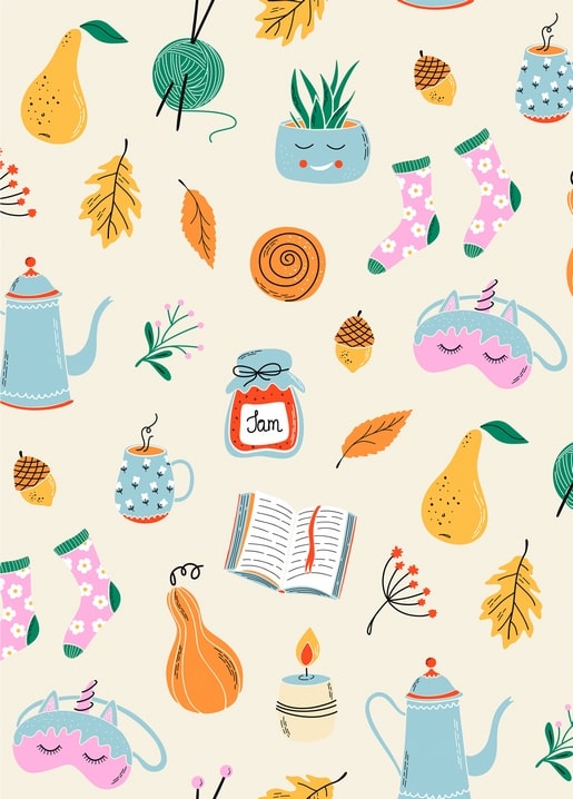 Seamless pastel pattern of pears, yarn, a sleep mask, jam jar and teapot on cream background