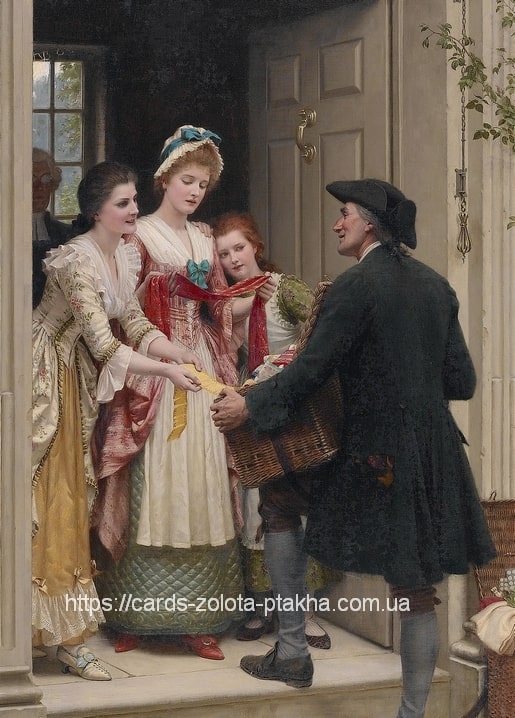 Peddler shows ribbons and lace to three young women in white dresses at a doorway