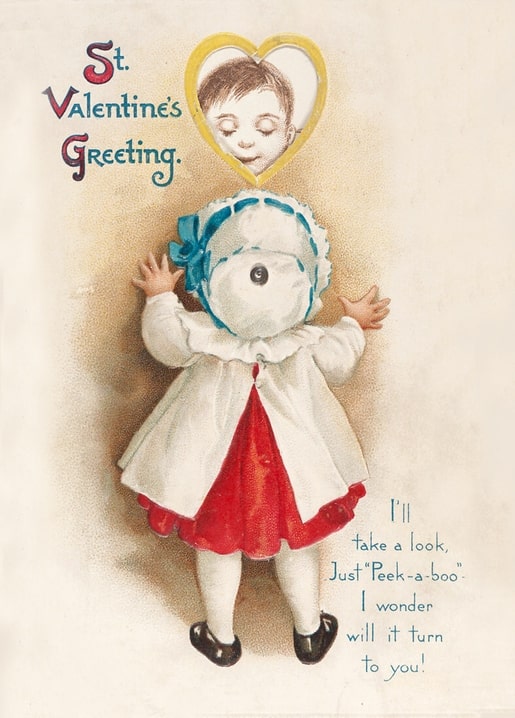Antique peek-a-boo Valentine postcard with a girl in a bonnet under a heart portrait window