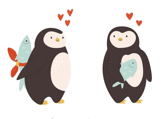 Zwei verliebte Pinguine, einer überreicht einen Fisch wie einen Blumenstrauß, Herzen darüber