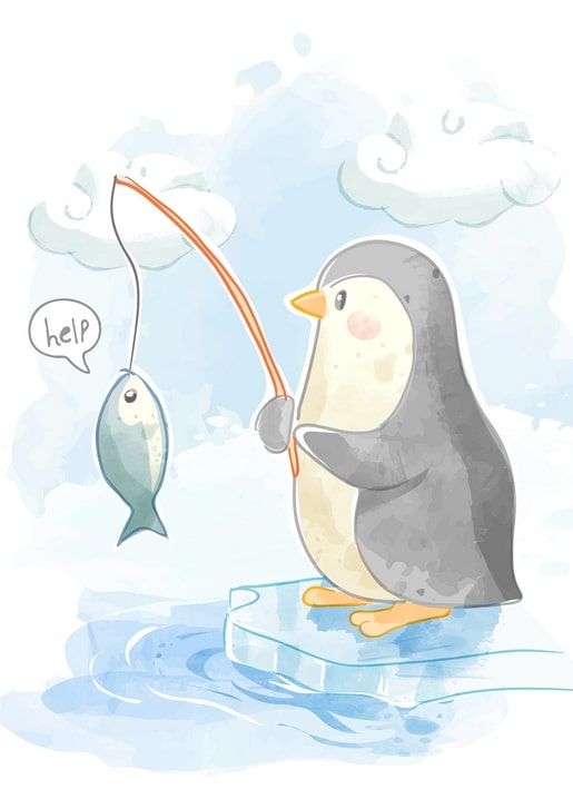 Watercolor illustration of a penguin fishing on an ice floe as the fish begs for help