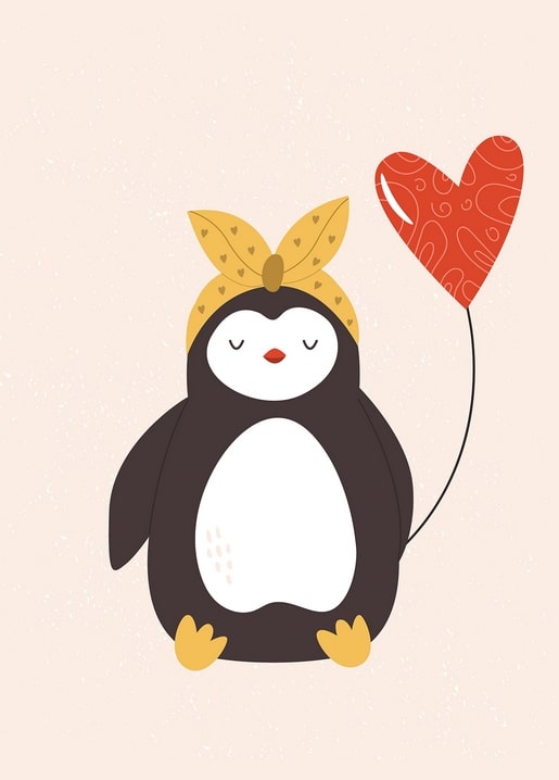 Illustrierter schläfriger Pinguin mit herzbedrucktem Kopftuch und rotem Herzluftballon