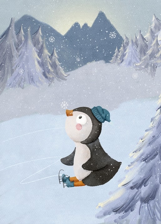 Illustrierter Pinguin beim Schlittschuhlaufen zwischen verschneiten Tannen und Bergen