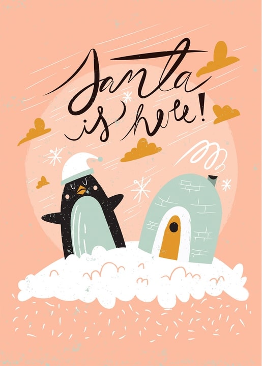 Pinguin mit Zipfelmütze winkt neben einem schneebedeckten Iglu unter dem Schriftzug Santa is here