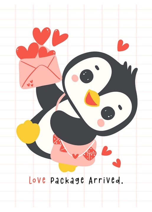 Cartoon-Pinguin mit Umschlag voller roter Herzen, rosa Schürze