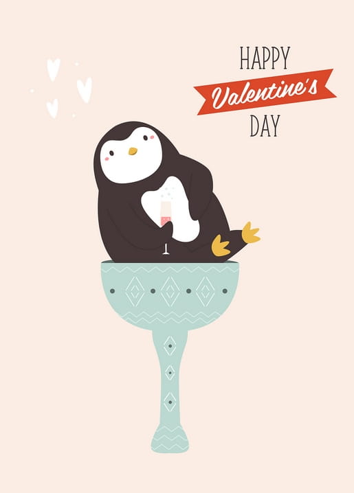 Illustration eines Pinguins in einem großen Weinglas, umgeben von Herzen und einem Valentinsgruß