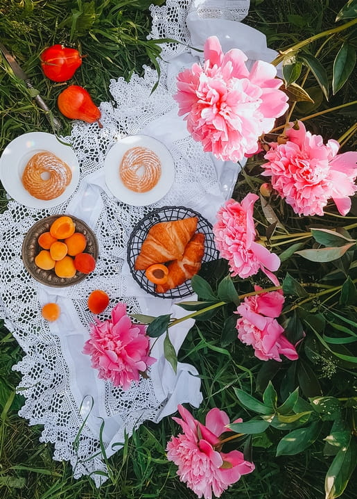 Flat lay of pink peonies, apricots and croissants on a lace picnic blanket