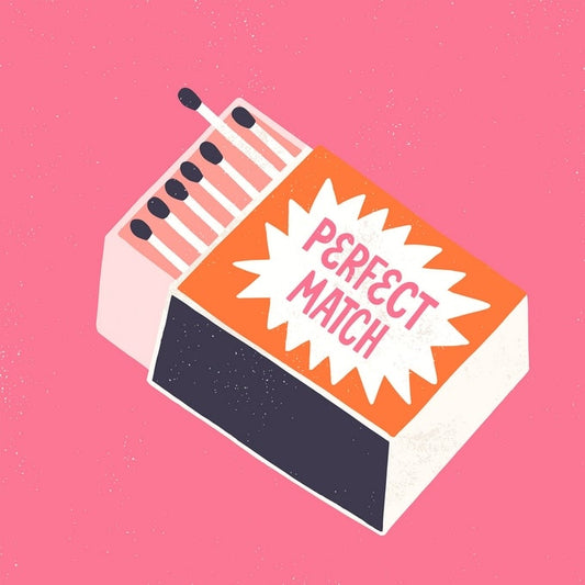 Pop-art open matchbox postcard with a 'Perfect Match' starburst on hot pink