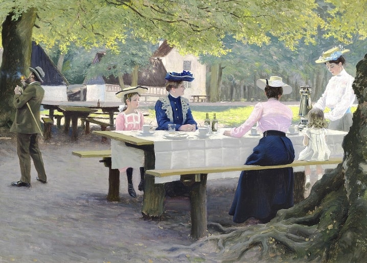 Gemälde einer Familie an einem Tisch bei Peter Liep's Hus im Wald von Dyrehaven, Paul Gustave Fischer