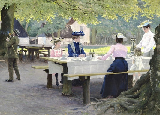 Gemälde einer Familie an einem Tisch bei Peter Liep's Hus im Wald von Dyrehaven, Paul Gustave Fischer