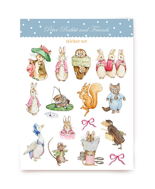 Stickerbogen mit Märchentieren: Hasen, Eule, Eichhörnchen, Kater, Mäuse und Ente