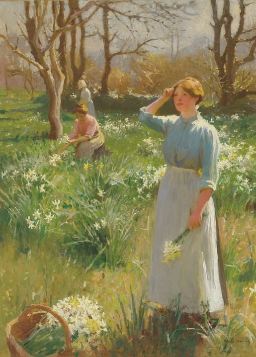 Oil painting of a woman gathering daffodils in a sunlit spring orchard with two others picking flowers behind her
