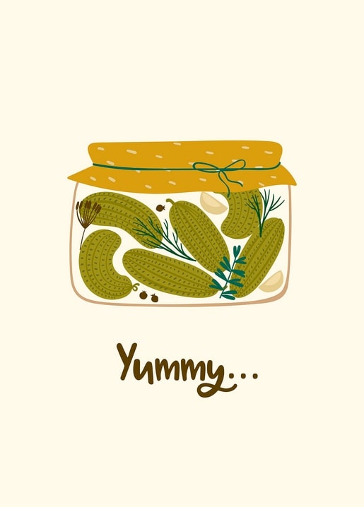 Illustriertes Glas eingelegter Gurken mit Dill und Knoblauch, Unterschrift „Yummy“