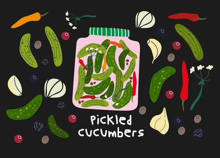 Illustration of a jar of pickled cucumbers surrounded by garlic, chili peppers and blueberries on black.