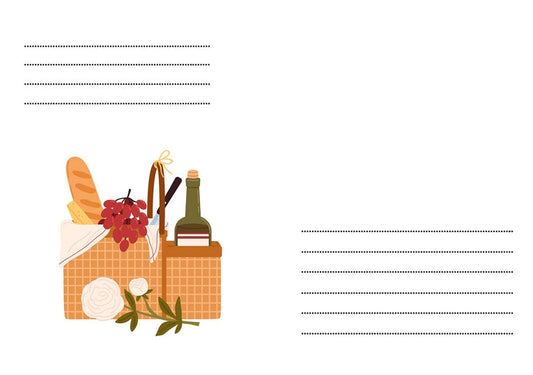 Illustrierter Umschlag mit Picknickkorb, Baguette, Trauben und Weinflasche