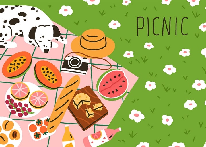 Illustrated picnic spread with a sleeping dalmatian, watermelon, papaya, cheese, and bread on a pink blanket