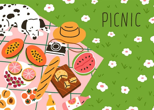 Illustrated picnic spread with a sleeping dalmatian, watermelon, papaya, cheese, and bread on a pink blanket