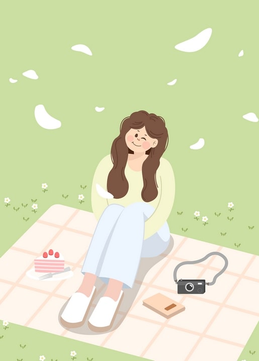 A girl sits on a picnic blanket in a meadow, eating cake beside a camera as petals fall