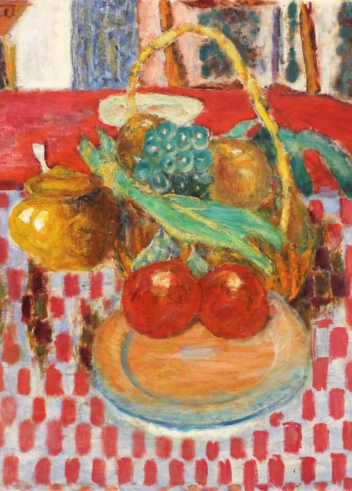 Bonnard painting of a fruit basket, sugar pot, and apples on a red-checked tablecloth