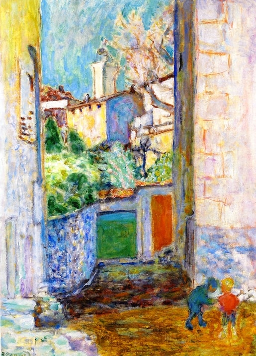 Sunlit Provençal lane between pale walls with a green door, orange doorway and two small figures