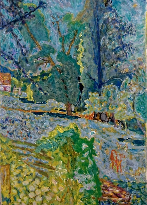 Bonnard painting of a garden dissolved into shimmering green and blue brushwork with a small figure