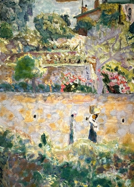 Bonnard painting of two women crossing a sunlit garden terrace with pink flowering shrubs