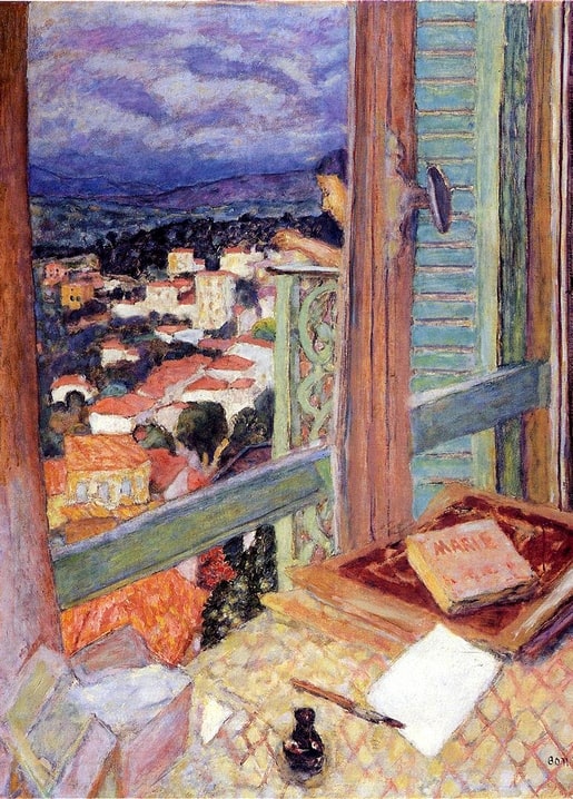 Bonnard painting of an open window with green shutters over a red-roofed town, pen and inkwell on the sill