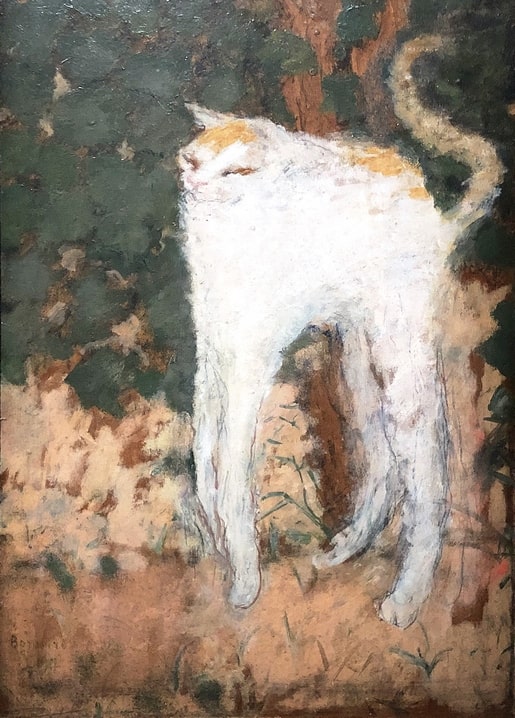 Pierre Bonnard painting of a white cat with ginger patches arching on long legs amid dark foliage