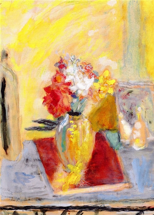 Bonnard still life of red roses and white blossoms in a glossy yellow vase against a sunlit yellow backdrop