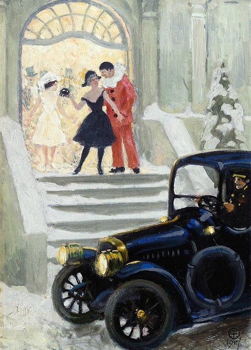 Pierrot und Dame mit Maske auf verschneiter Treppe neben einem alten Automobil, Gemälde von Paul Gustave Fischer