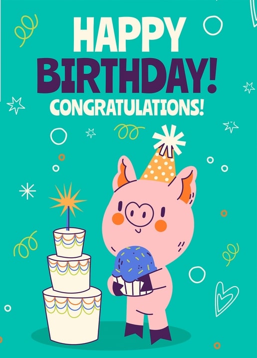 Pig in a party hat eating a cupcake beside a three-tier birthday cake