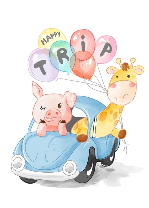 Pig and giraffe riding in a blue car with colorful balloons, watercolor road trip illustration