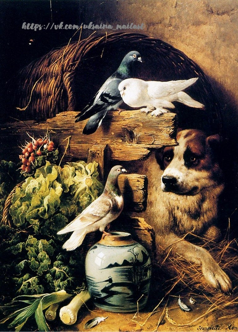 Three pigeons beside a wicker basket and vegetables as a dog watches, Ronner-Knip painting