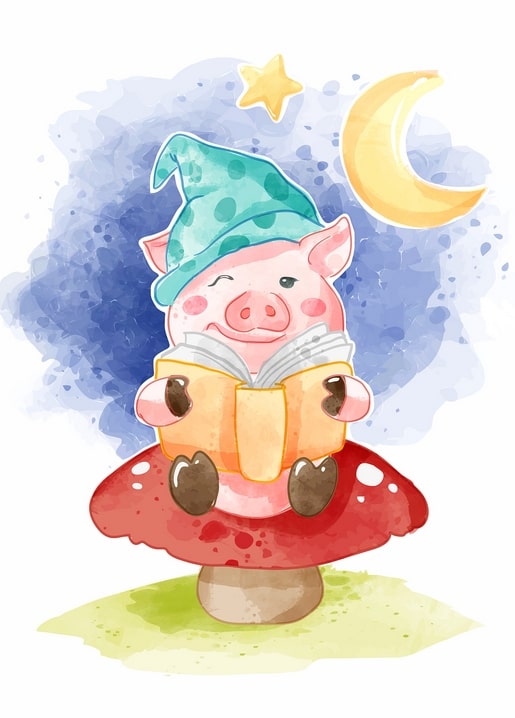 Aquarell-Postkarte: Ferkel mit Nachtmütze liest auf einem Pilz unter Mond und Stern