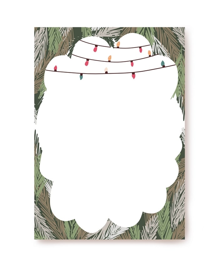 Pine branch border with a festive string of lights on letter paper