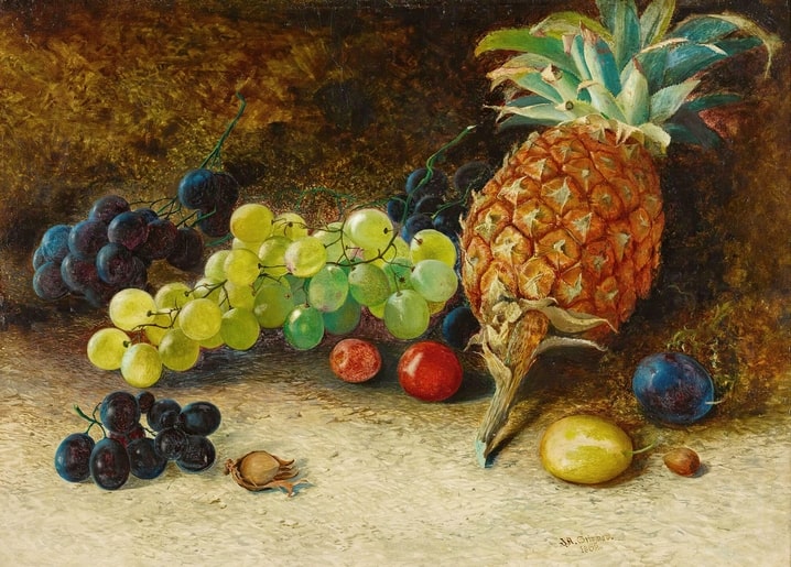 Stillleben von John Atkinson Grimshaw mit Ananas, Trauben, Pflaumen und Nüssen