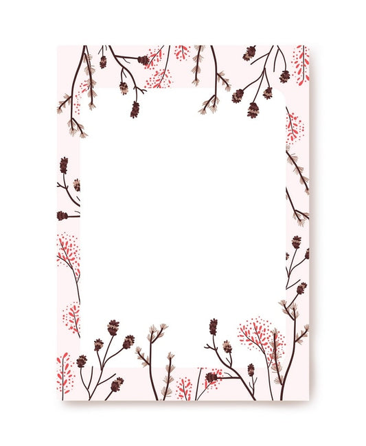 Blush pink writing paper with dark brown pinecones, twigs and red berries around a rounded panel