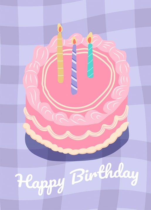Pink birthday cake illustration with three lit candles on checkered background