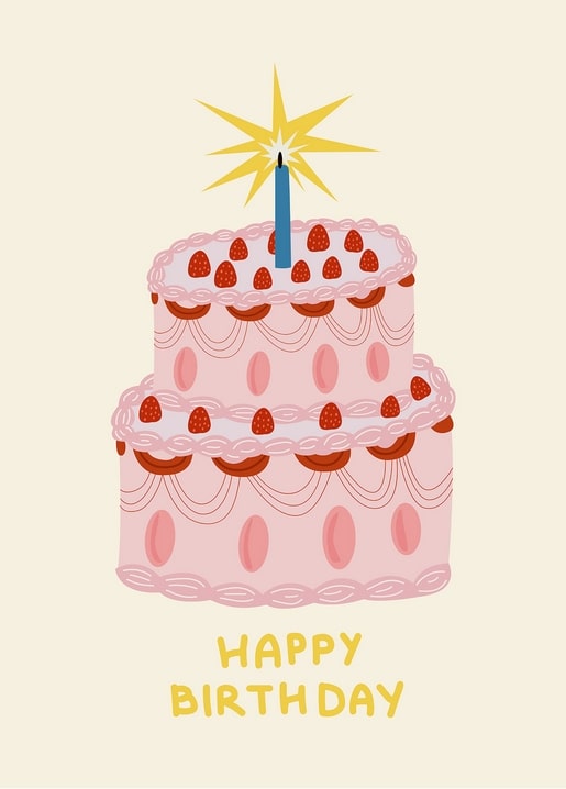 Pink two-tier birthday cake with strawberries and a star sparkler candle on cream background