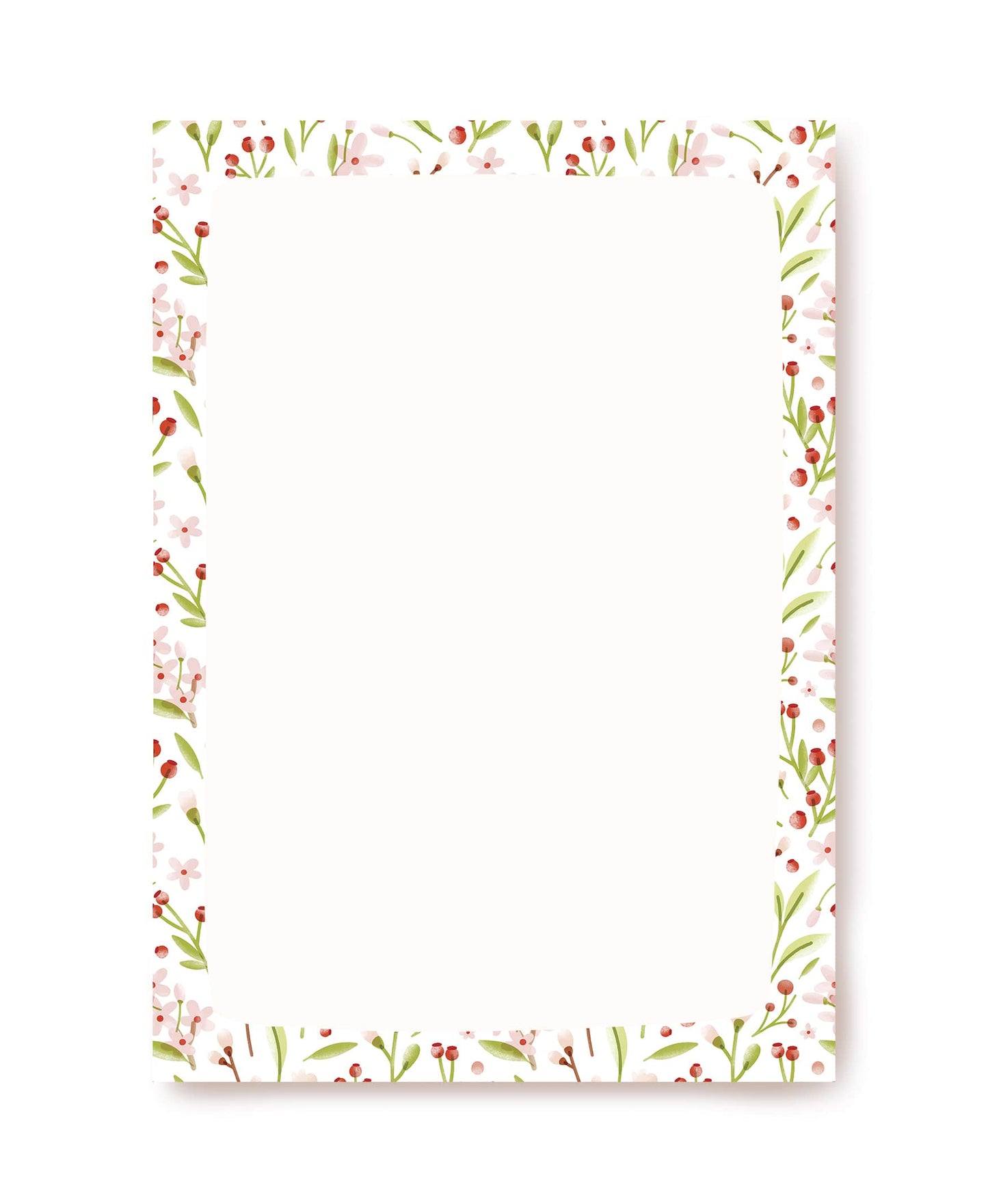 Cream writing paper bordered with watercolor pink blossoms, red berries, and green leaves