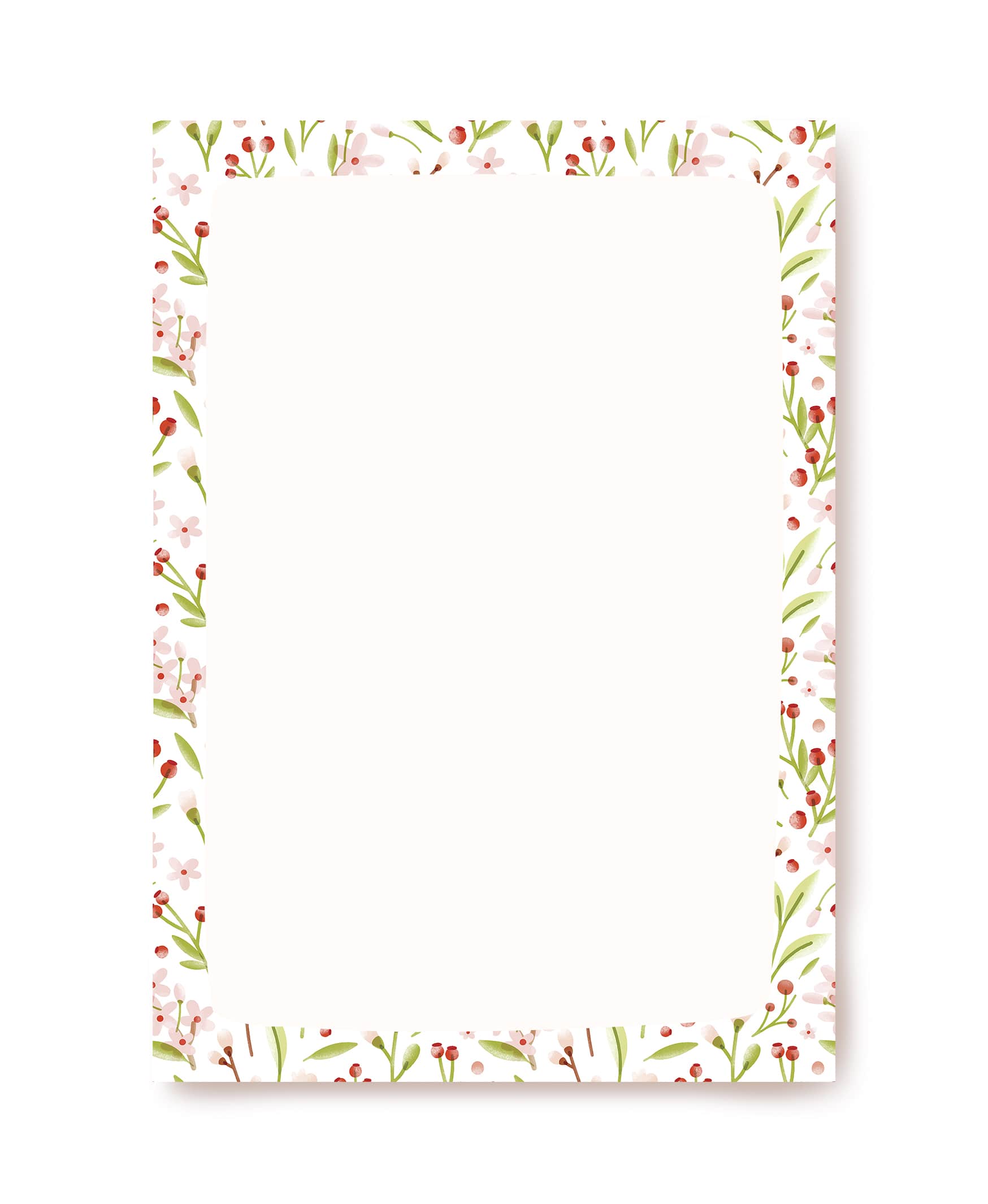 Cream writing paper bordered with watercolor pink blossoms, red berries, and green leaves