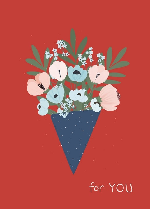 Illustration eines rosa-blauen Straußes in blauem Papier mit „for YOU“-Schriftzug auf rotem Hintergrund.