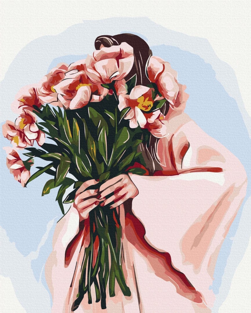 Malen-nach-Zahlen-Motiv einer Frau mit einem Arm voller rosa Blumen
