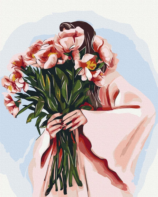 Malen-nach-Zahlen-Motiv einer Frau mit einem Arm voller rosa Blumen