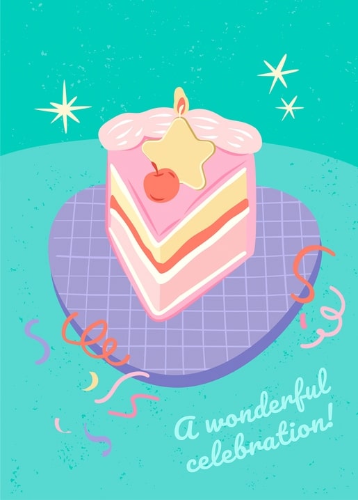 Illustrated pink birthday cake slice with star candle and confetti on teal