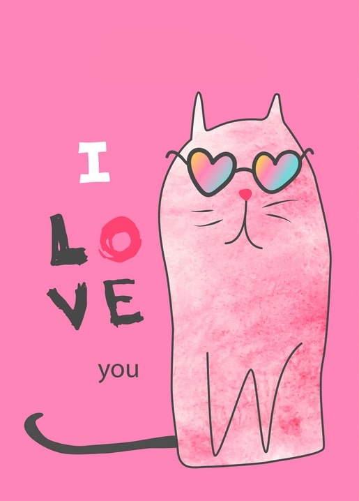 Rosa Aquarell-Katze mit herzförmiger Sonnenbrille und Schriftzug „I LOVE YOU“