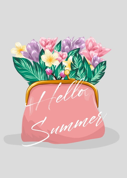 Rosa Clutch-Tasche mit violetten, rosa und gelben Blumen und dem Schriftzug „Hello Summer“