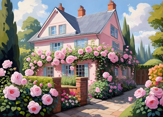 Rosa Cottage hinter einer Backsteinmauer, überwuchert von Kletterrosen