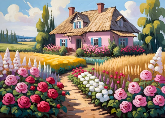 Pink cottage with a rose garden path between golden wheat fields